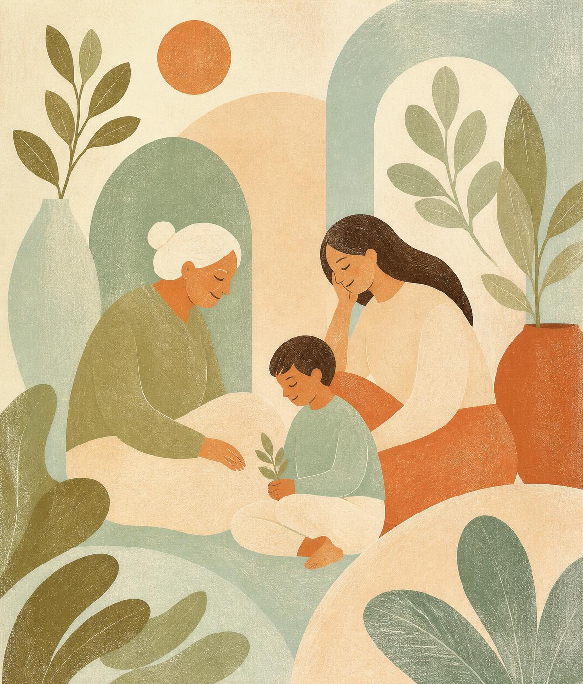 Ilustración de una familia de distintas edades acompañándose